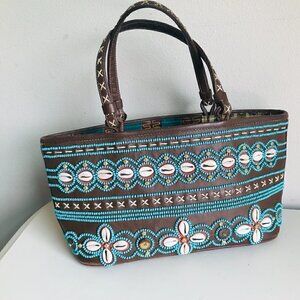 Vintage Isabella Fiore Brown Turquoise Shell Embroidered Bag